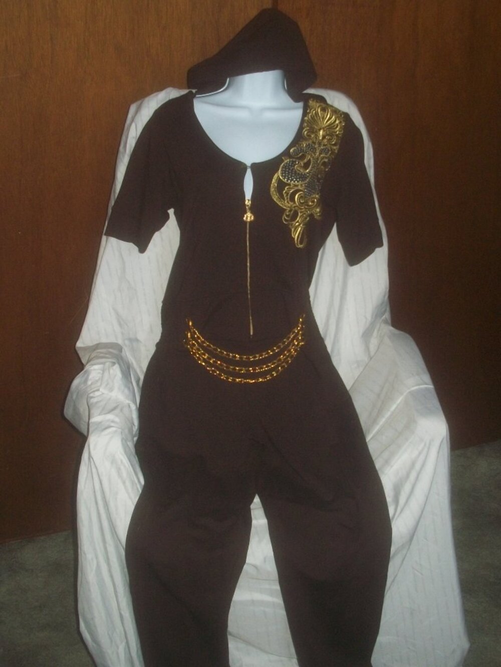 womens Dereon brown hooded jumpsuit one piece gold bling size large
